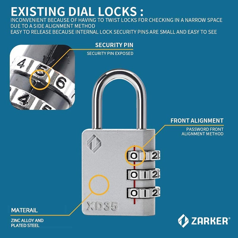 Zarker XD35 Combination Lock, 3-Digit Padlock for School Gym Sports LockerLock, Fence, Toolbox, Case, Hasp Storage (2-Pack, Yellow) - Image 3
